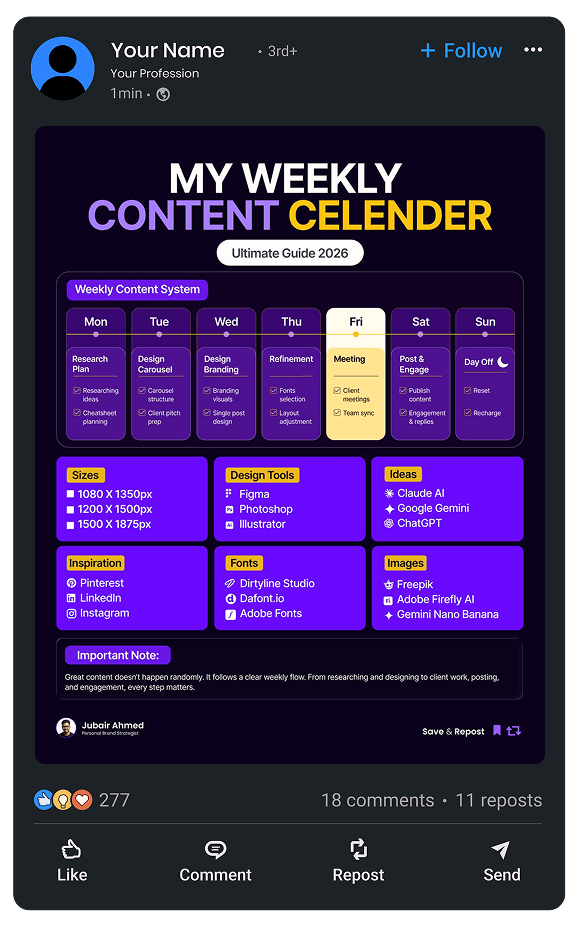 Weekly content calendar for LinkedIn
